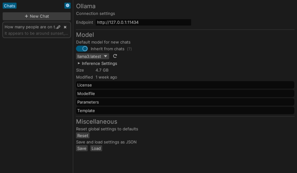 Ellama's settings panel
